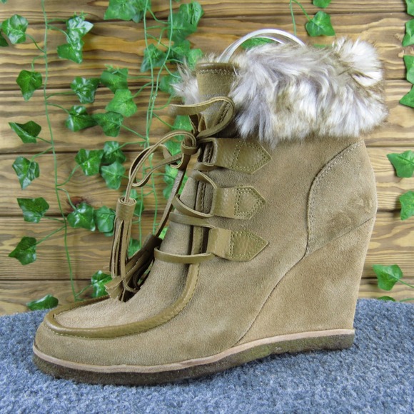 Splendid Shoes - Splendid Women 7 Tan Suede Faux Fur Wedge Boots Lace Up Cozy Winter‎ Fashion